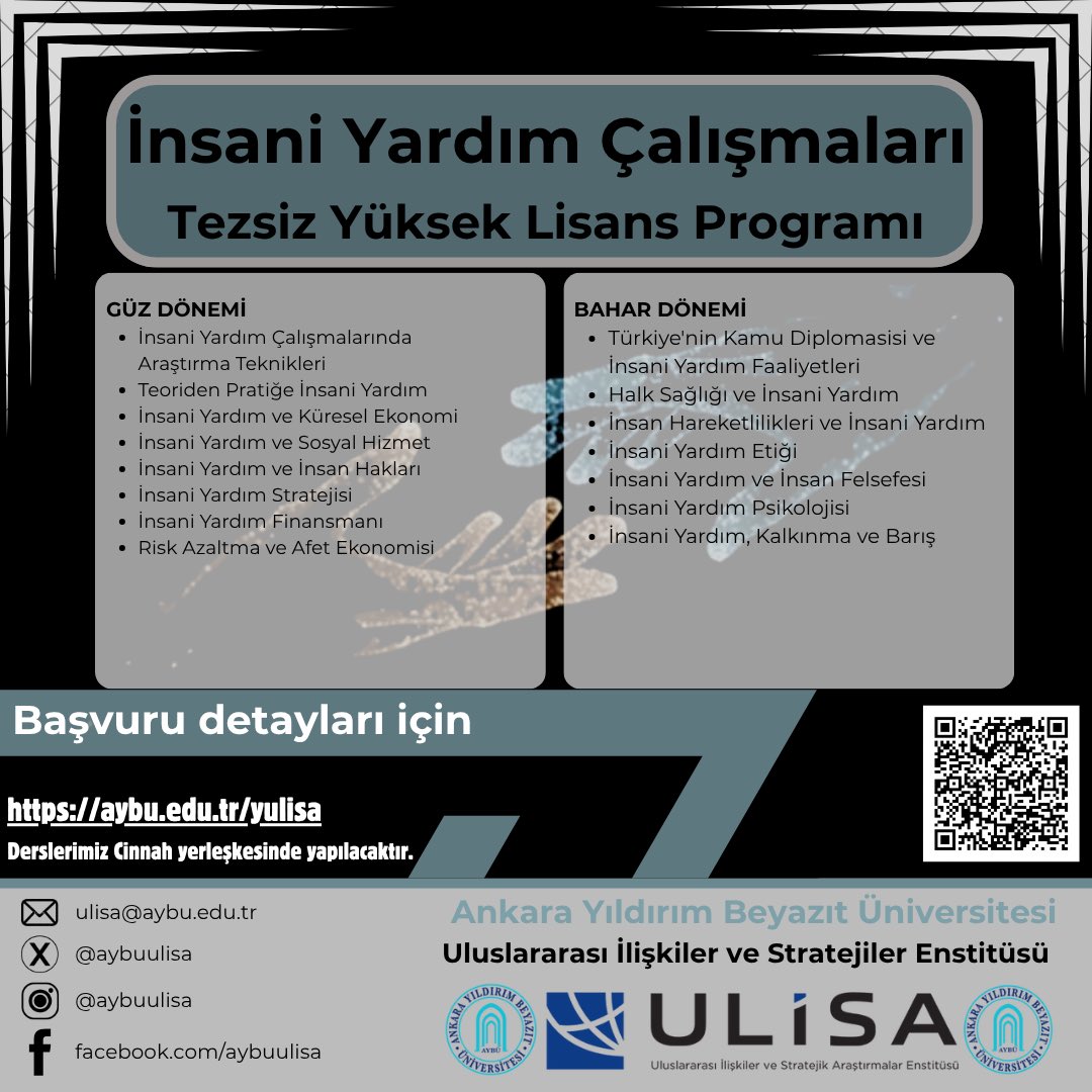 📢Enstitümüzün İnsan Yardım Çalışmaları Tezli/Tezsiz Yüksek Lisans programına 2025-2026 Güz Dönemi öğrenci alımları devam ediyor.

📍Derslerimiz Cinnah Yerleşkesinde yapılacaktır.
🗓️Son başvuru: 4 Temmuz
🔗Başvuru ve detaylar: aybu.edu.tr/yulisa/

<a href="/ybuankara/">Ankara Yıldırım Beyazıt Üniversitesi</a>