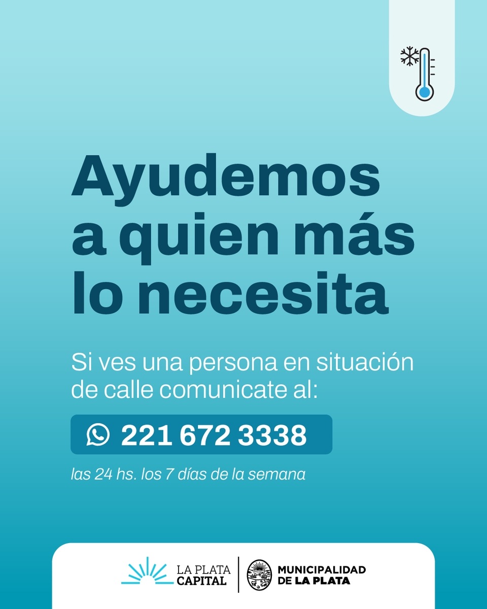 ❄️ Ante las bajas temperaturas, intensificamos el trabajo de asistencia a personas en situación de calle: brindamos alimento, abrigo, atención médica y acompañamiento emocional. 
Si ves a una persona durmiendo en la vía pública, enviá un WhatsApp📲2216723338