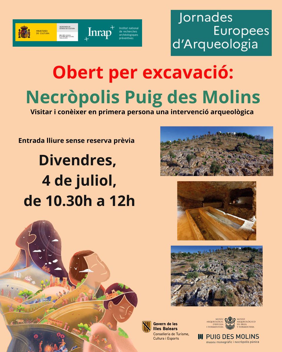 🔍 Repetim visita!
⛏ Obert per excavació
📍 Necròpolis del Puig des Molins (Eivissa)
📅 Divendres 4 de juliol | 🕥 10.30 h
🎟️ Gratuït i sense reserva
Descobreix com l’arqueologia cobra vida a les #JEA2025 amb el @MAEF_Ibiza 🏺
#arqueologia #Eivissa #PuigdesMolins