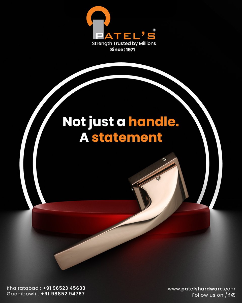 Patelshardware's tweet image. Not just a handle, a statement! Patel&apos;s Hardware brings you exquisite designs that elevate your home&apos;s aesthetic. Discover luxury and strength in every detail.

Explore Our Website
Visit our website: patelshardware.com

#patelshardware #hyderabad #doorhandles #luxurydesign