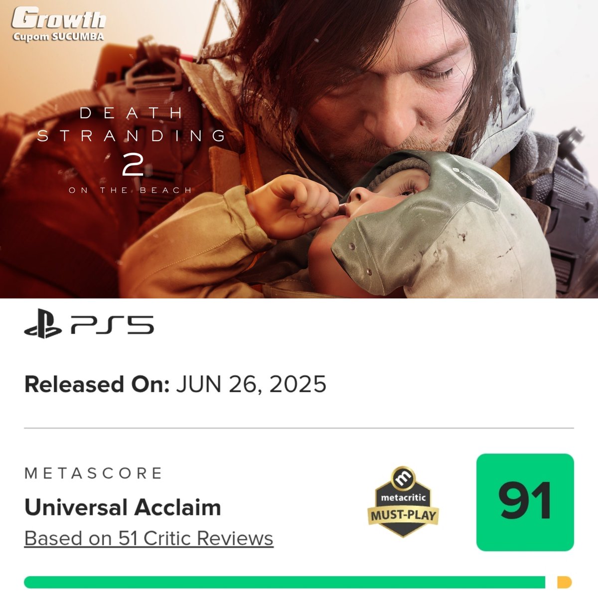 Sucumba Games (@sucumbagames) on Twitter photo Death Stranding 2 estreou com a nota 91 no Metacritic, vem forte para disputar o GOTY 🔥 Death Stranding 2 estreou com a nota 91 no Metacritic, vem forte para disputar o GOTY 🔥