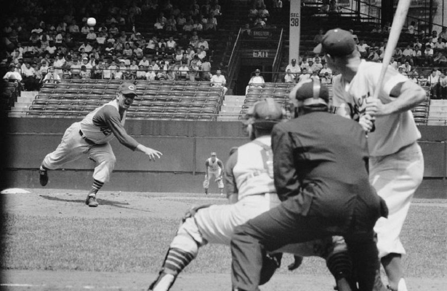 Ebbets Field, Brooklyn, June 23, 1956 - Reds starter Hal Jeffcoat seems to give out a yell pitching to Rocky Nelson of Dodgers. The former outfielder struggled giving up 3 Dodgers home runs but did leave game in 9th up 6-4 only to see his bullpen blow the save and game losing 7-6
