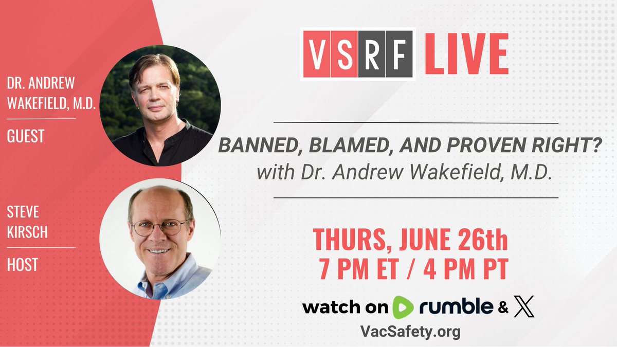 Vaccine Safety Research Foundation (@vacsafety) on Twitter photo 🚨 This Week on #VSRFLive: Banned, Blamed, and Proven Right?
We’re honored to welcome Dr. Andrew Wakefield <a href="/DrAndyWakefield/">Dr. Andy Wakefield</a> -- the courageous physician who dared to question the MMR vaccine, the ballooning childhood vaccination schedule, and a possible link to autism.
Silenced 🚨 This Week on #VSRFLive: Banned, Blamed, and Proven Right?
We’re honored to welcome Dr. Andrew Wakefield <a href="/DrAndyWakefield/">Dr. Andy Wakefield</a> -- the courageous physician who dared to question the MMR vaccine, the ballooning childhood vaccination schedule, and a possible link to autism.
Silenced