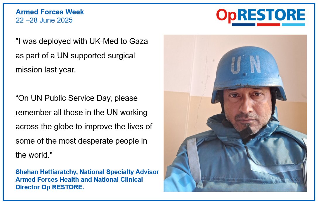 Shehan Hettiaratchy, Consultant Plastic and Reconstructive Surgeon &amp; National Clinical Director of #OpRESTORE on his <a href="/UKmed/">UK-Med</a> deployment to Gaza. #OpRESTORE supports veterans' physical health and wellbeing: nhs.uk/oprestore #UNPublicServiceDay #ArmedForcesWeek