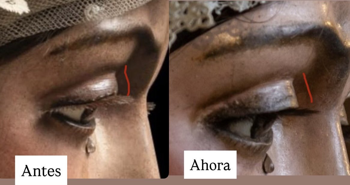 rafaelcastejon_'s tweet photo. @AlCielo101 @JesusRomanov @pacofradias @IgnCaceres87 Aqui puede estar el motivo del cambio de mirada de la Virgen. Se ve claramente el añadido en el centro del párpado superior, https://t.co/MJnMLliqmf