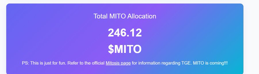 SecretoDefi's tweet photo. Cada vez falta menos para que den el Airdrop de Mitosis

Si quieres saber que tal lo has farmeado, puedes comprobar el posible allocation de $MITO que podrías recibir por tu actividad en este checker no oficial (sólo tienes que pegar la wallet, no hace falta conectar nada):

🔗 https://t.co/WWOxJJbgtE

Si tienes algún rol en Discord, selecciónalo porque puede variar la asignación

¿Cuantos tokens os salen? 😏