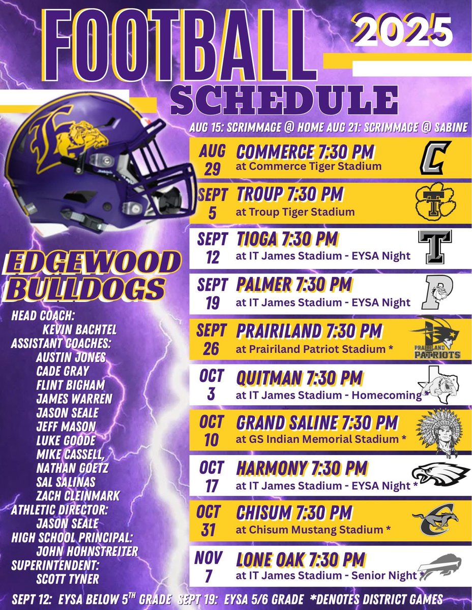 Are you ready for some football??? 🏈💜🏈

The 2025-2026 school year will be here before you know it and with it comes Fall sports! 

Check out your Edgewood Bulldog football schedule. 🏈💜🏈
