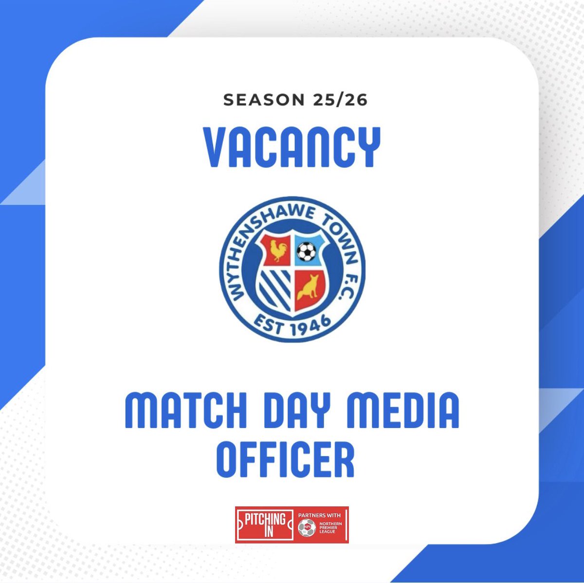 Wythenshawe Town FC (@wtfc1946) on Twitter photo 🚨 Join our Team 🚨
Match Day Media Officer Vacancy available.
Please contact Media@wythenshawetownfc.co.uk for all enquiries 🤝 🚨 Join our Team 🚨
Match Day Media Officer Vacancy available.
Please contact Media@wythenshawetownfc.co.uk for all enquiries 🤝