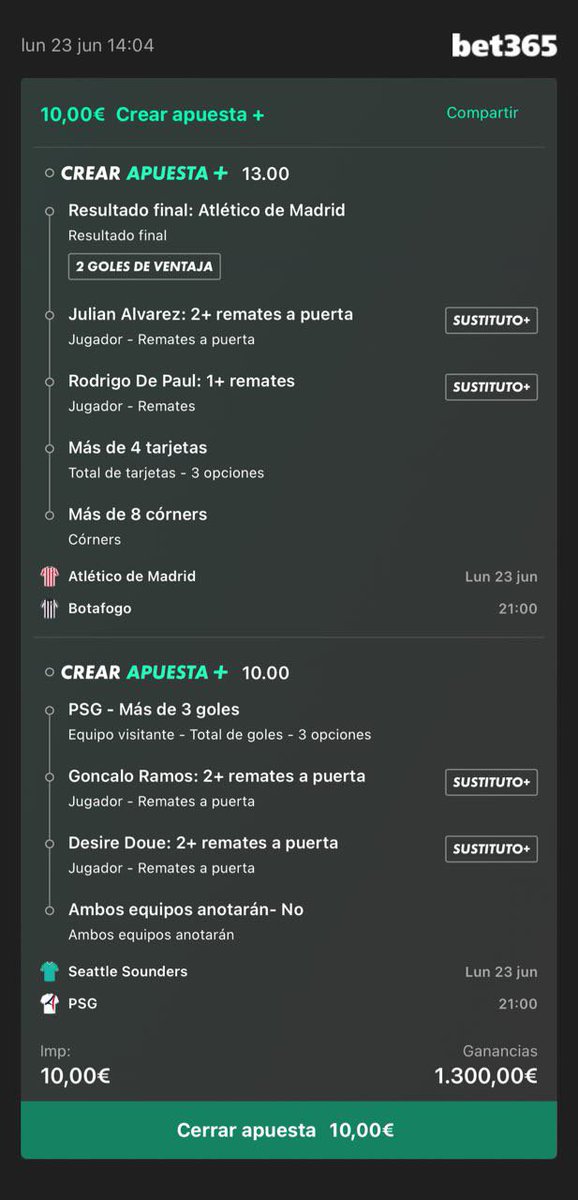 ApuestasElite7's tweet image. CUOTA @117 &amp;amp; @130 “LA PSGUETTI”🔥

🎁 Si sale alguna ✅ regalo 100€ entre todos los que den like y me digan en telegram (1 comentario👇)

ℹ️ Podeis hacer la que más os guste, básicamente lo que cambia es que en una hay faltas y en la otra córners,tarjetas…