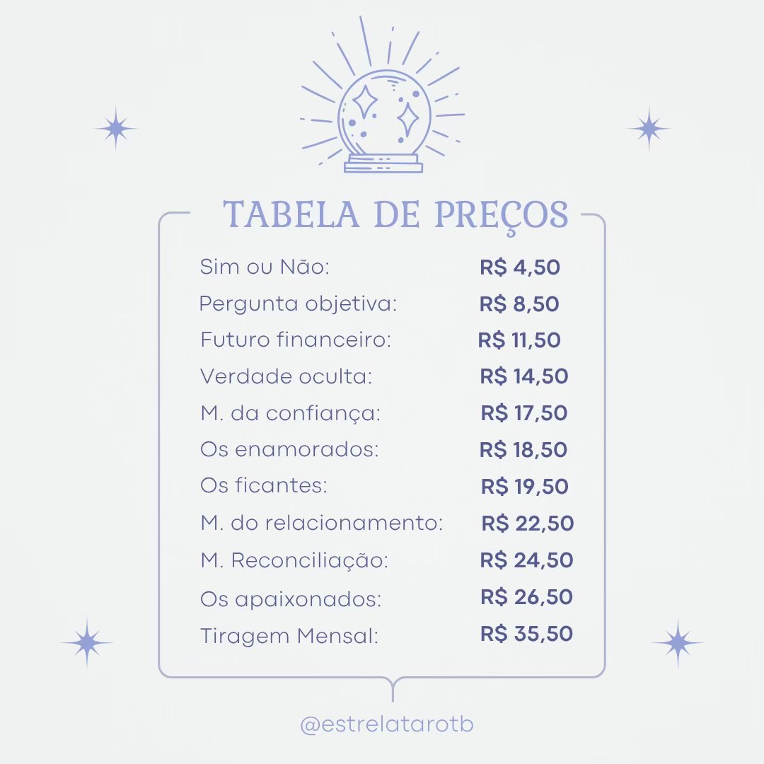 estrelaastro's tweet photo. MESA ABERTA - Baralho Cigano!

Sim ou Não: R$ 4,50
Pergunta Objetiva: R$ 8,50
Tiragem Mensal: R$ 35,50

🔗 https://t.co/2g2oaSehkU https://t.co/WYrCYxr9Vu