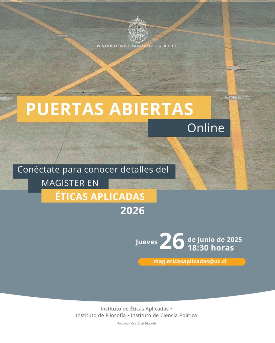 Instituto de Éticas Aplicadas UC (@eticaaplicadauc) on Twitter photo 📚 ¡Conoce más sobre el #MagísterenÉticasAplicadasUC!
🎓 Este jueves 26 de junio, a las 18:30 horas, te esperamos en nuestra actividad de puertas abiertas online para que te interiorices sobre el programa de #ÉticasAplicadasUC, <a href="/FilosofiaUC/">Filosofía UC</a> e <a href="/icp_uc/">Instituto de Ciencia Política UC</a>
¡Te esperamos!
🧵 📚 ¡Conoce más sobre el #MagísterenÉticasAplicadasUC!
🎓 Este jueves 26 de junio, a las 18:30 horas, te esperamos en nuestra actividad de puertas abiertas online para que te interiorices sobre el programa de #ÉticasAplicadasUC, <a href="/FilosofiaUC/">Filosofía UC</a> e <a href="/icp_uc/">Instituto de Ciencia Política UC</a>
¡Te esperamos!
🧵