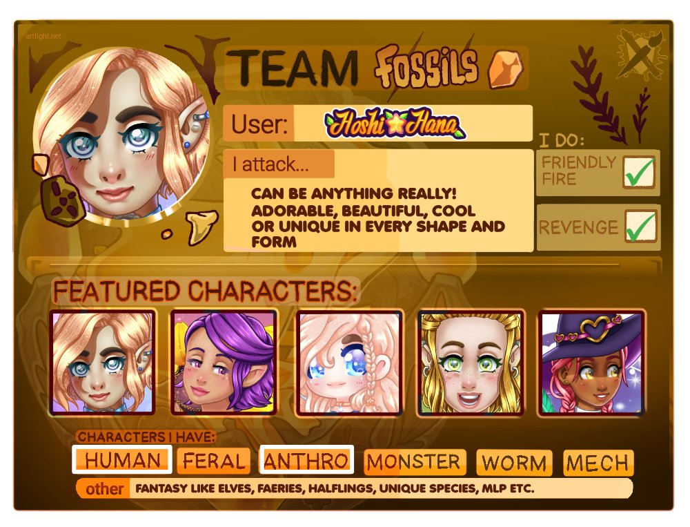 This year's Art Fight teams have been revealed - I'm on Team Fossils myself!😁
Share your AF profiles with me please☺️I would love to check out your OCs🥰

Mine's: artfight.net/~Hoshi-Hana

#artfight2025 #artfightteamfossils