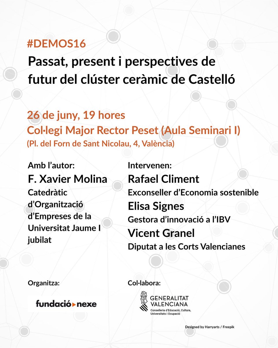 Fundació Nexe (@fnexe) on Twitter photo Presentem nova publicació Demos, i ja en van 16.
📍 CM Rector Peset, aula seminari
🗓 26 de juny, 19 hores
'Passat, present i perspectives de futur del clúster ceràmic de Castelló', un llibre de <a href="/xamomo/">F. Xavier Molina</a>
Vos esperem a la presentació! 😉 (aforament limitat) Presentem nova publicació Demos, i ja en van 16.
📍 CM Rector Peset, aula seminari
🗓 26 de juny, 19 hores
'Passat, present i perspectives de futur del clúster ceràmic de Castelló', un llibre de <a href="/xamomo/">F. Xavier Molina</a>
Vos esperem a la presentació! 😉 (aforament limitat)