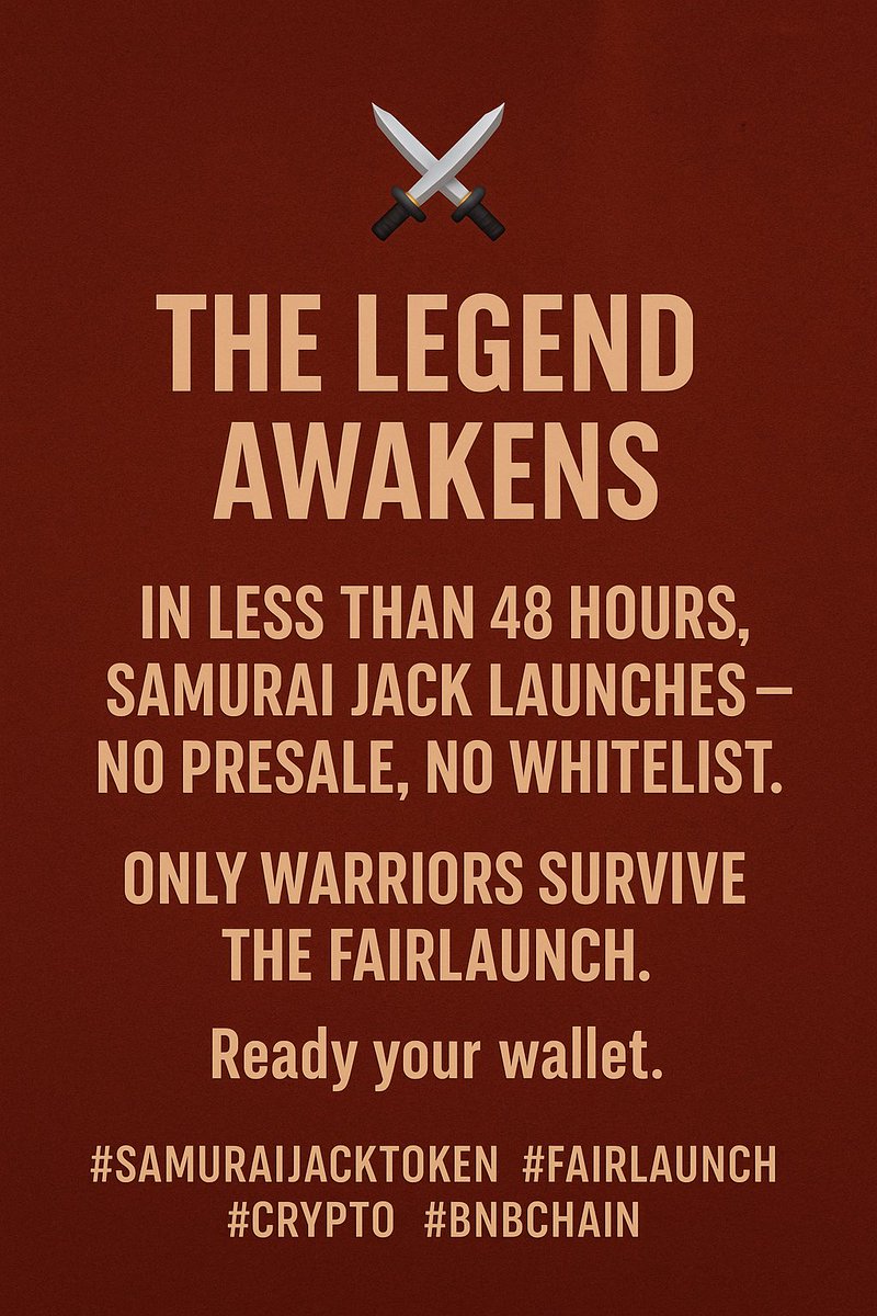 bugusuke's tweet photo. Less than 48 hours left ⏳
The blade drops.
No early access. No mercy.
Only the fastest survive Fairlaunch.
🌐 https://t.co/1RRHTi31AE
📢 https://t.co/I2gmQGo6kI
#SamuraiJackToken #Fairlaunch #Crypto #BNB https://t.co/kYCjpfkZ5C