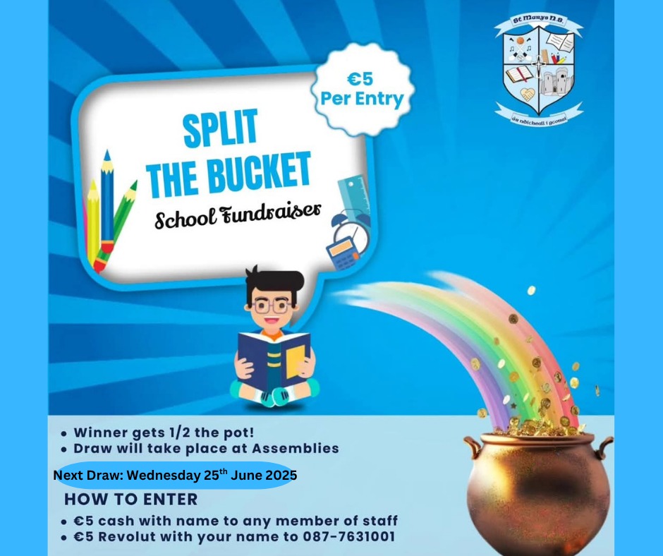 St Mary's NS Limerick (@stmarysnslk) on Twitter photo ๐ฆ๐ฃ๐๐๐ง ๐ง๐๐ ๐๐จ๐๐๐๐ง
Our final draw will take place ๐ช๐ฒ๐ฑ๐ป๐ฒ๐๐ฑ๐ฎ๐ at assembly. โฌ5 entry. Winner keeps half the pot and school gets the other half. You can enter by cash to any member of staff or Revolut to 087-7631001 with your name #SplitTheBucket #Fundraiser ๐ฆ๐ฃ๐๐๐ง ๐ง๐๐ ๐๐จ๐๐๐๐ง
Our final draw will take place ๐ช๐ฒ๐ฑ๐ป๐ฒ๐๐ฑ๐ฎ๐ at assembly. โฌ5 entry. Winner keeps half the pot and school gets the other half. You can enter by cash to any member of staff or Revolut to 087-7631001 with your name #SplitTheBucket #Fundraiser