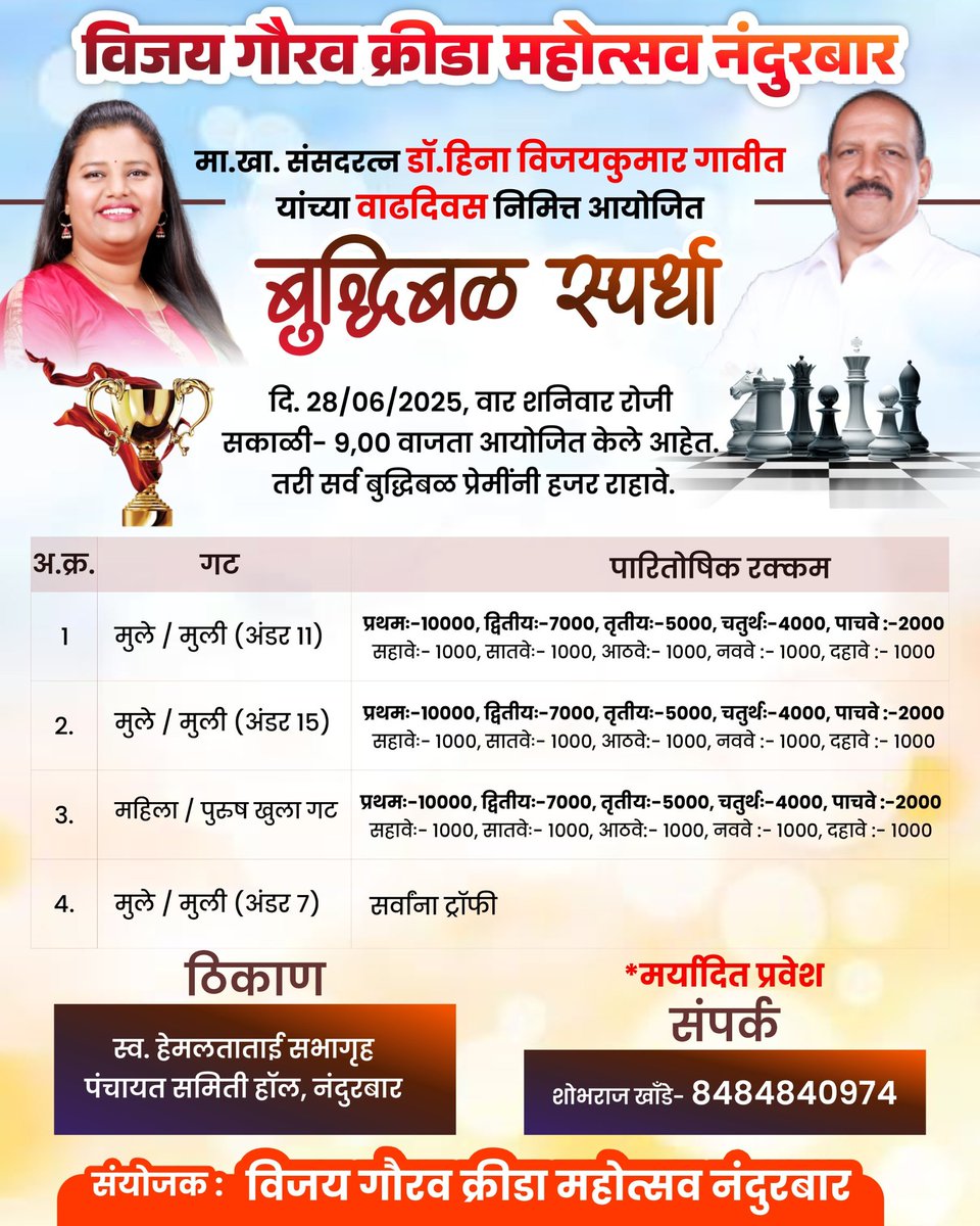 खेळाडूंना हक्काचे व्यासपीठ उपलब्ध होऊन त्यांच्या कलागुणांना वाव मिळावा तसेच जिल्ह्यातील तळागळातील बुद्धीबळ पटूंना आपले कौशल्य विकसित करण्याची संधी या #विजय_गौरव_क्रीडा_महोत्सव_2025 च्या माध्यमातून मिळणार आहे. खेळाडूंनी जास्तीत जास्त संख्येने स्पर्धेत सहभागी व्हावे
<a href="/DrHeena_Gavit/">Dr. Heena Gavit</a>