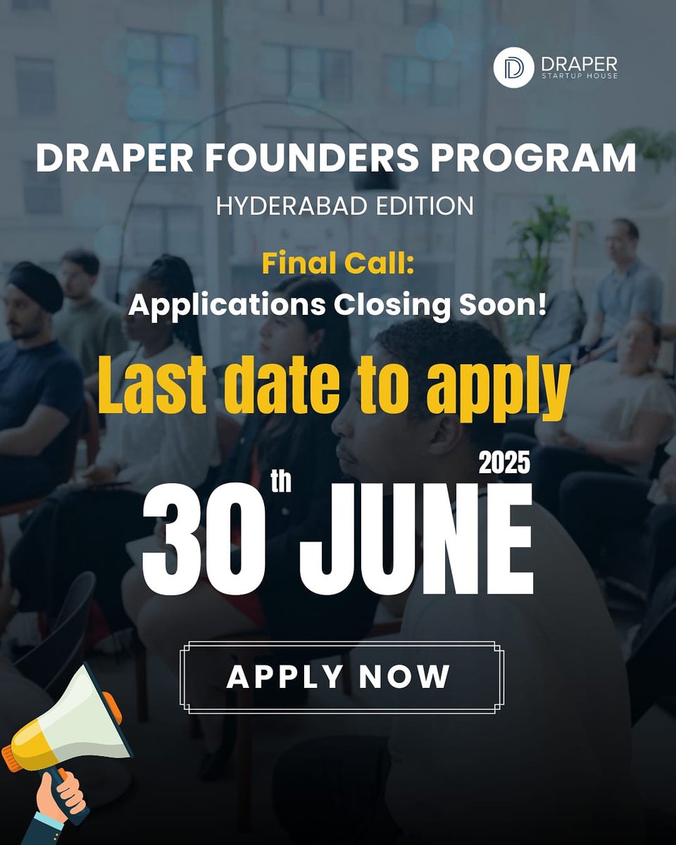 🚨 LAST DAY TO APPLY!

This is your final chance to apply for the Draper Founder Program a 10-day  immersive residency for early-stage founders.

🔗 Apply now: tally.so/r/wvzZyg