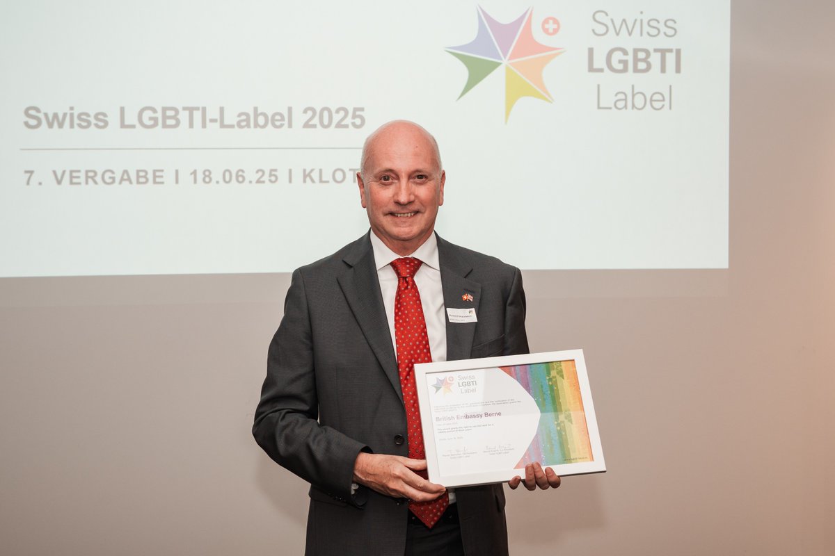 UKEmbassyBerne's tweet photo. 🌈 British Embassy Berne has renewed it's #LGBTI Label!
On 18 June 2025, we came together in #Kloten 🇨🇭 to celebrate our shared commitment to #diversity &amp; #inclusion. The Swiss LGBTI label is a seal of quality for organisations that are committed to equal rights for LGBTI people. https://t.co/f4m6ataBxH