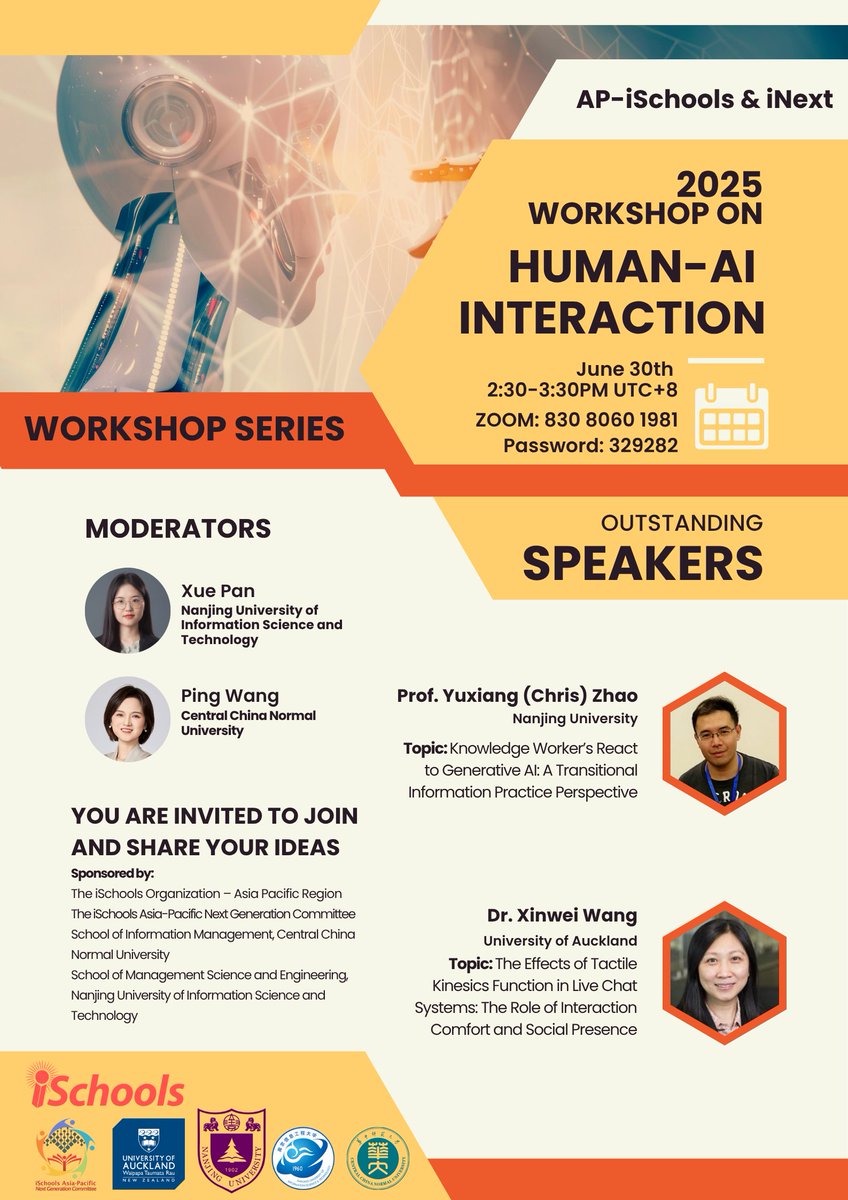Our AP Next Committee will hold a workshop on 30 Jun 2:30-3:30 PM UTC+8. 
Co-organized by the iSchool of Central China Normal University and Nanjing University of Information Science and Technology
Topic: Human-AI Interaction.
Free of charge! More Info: 
ischools.org/event-details/…