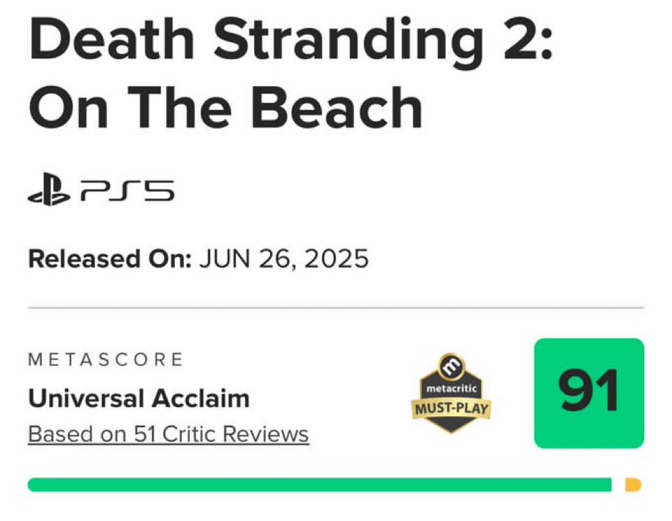 MrkelsGame's tweet photo. Death Stranding 2: On the Beach 

Debuts with 91 on Metacritic… Kojima does it again #DeathStranding2OnTheBeach https://t.co/YQgA2b8snA