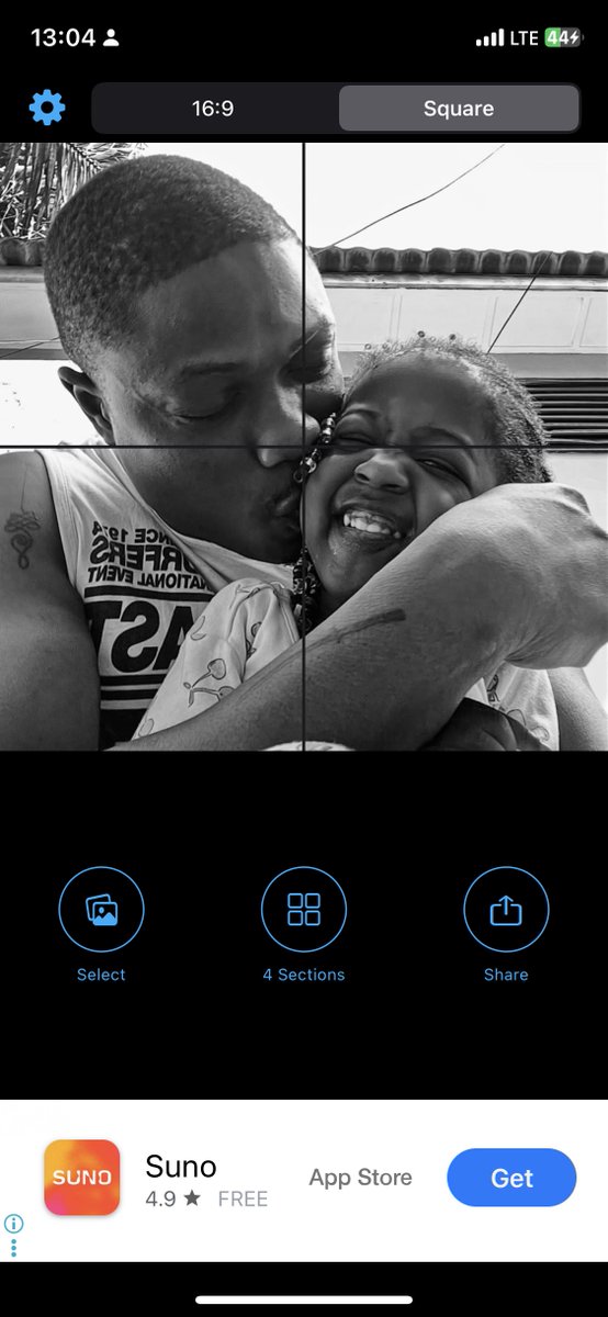 Open Four cropper
Make sure you switch to “4 sections” with the middle button
Click image icon and select your image
The image should split in four like so 
Click Save
You will have four saved images in your gallery now