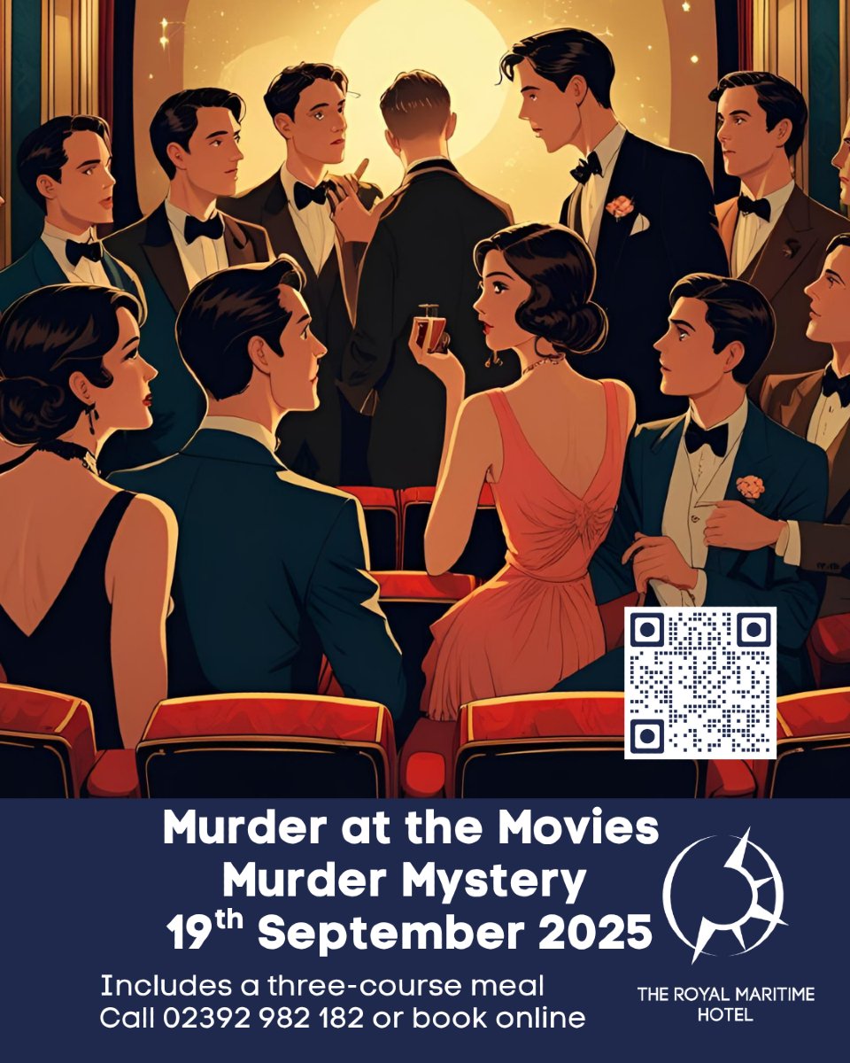 Murder at the Movies!
Join us on Friday, 19th September for a three-course meal and help uncover the true killer amongst you.

Remember, keep your wits about you and keep an eye on everyone around you! You never know who to trust?!?

Discover more 🕵️‍♀️ royalmaritimehotel.co.uk/murder-mystery…