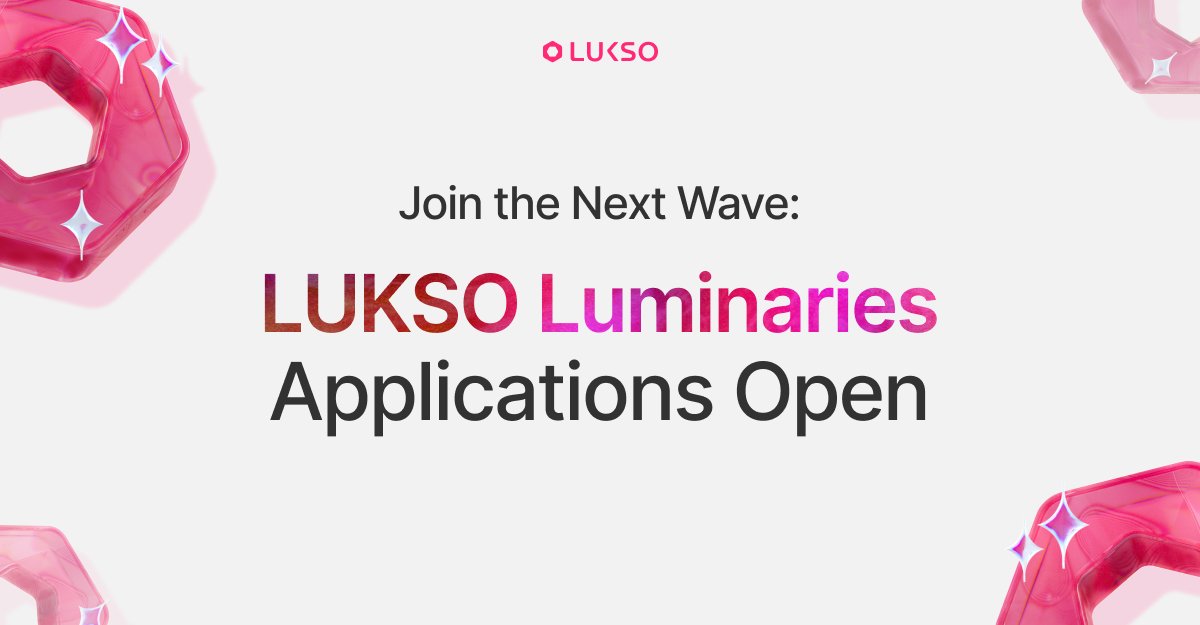LUKSO (@lukso_io) on Twitter photo We’ve extended the LUKSO Luminaries application window! ✨
You now have until June 30 to apply to our ambassador program for creators, builders, and advocates shaping the future on LUKSO.
Apply now → docs.google.com/forms/d/e/1FAI… We’ve extended the LUKSO Luminaries application window! ✨
You now have until June 30 to apply to our ambassador program for creators, builders, and advocates shaping the future on LUKSO.
Apply now → docs.google.com/forms/d/e/1FAI…