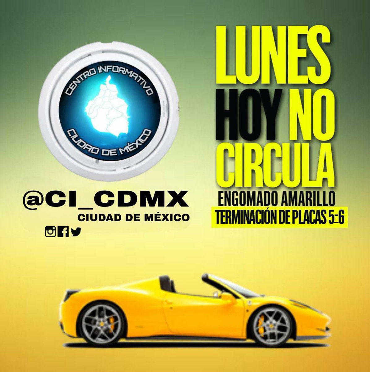 #QueNoSeTeOlvide

Hoy Lunes El programa #HoyNoCircula aplica a vehículos con engomado color amarillo terminación de placas 5 y 6, hologramas 1 y 2.