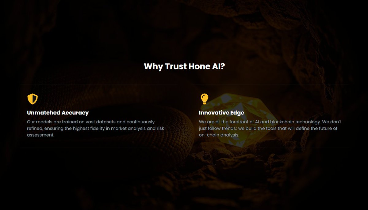 HoneAIofficial's tweet photo. Why trust Hone AI? Unmatched accuracy from models trained on vast datasets, and an innovative edge at the forefront of AI and blockchain technology. We're building the future of on-chain analysis. #HoneAI #BlockchainAnalytics #AI #Innovation https://t.co/1CS7JwVDkF