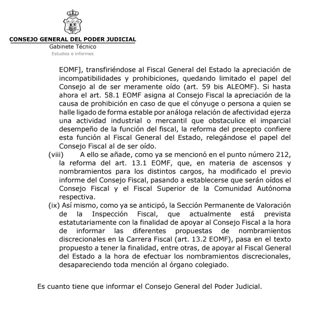 La reforma suprime los contrapesos al FGE y supone la eliminación de las competencias del Consejo Fiscal. 👇