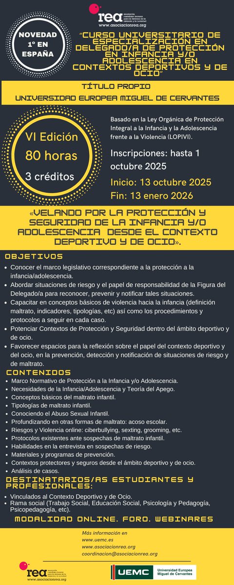 Asociación REA (@reaasociacion) on Twitter photo ¡¡VI EDICIÓN!! NO TE LO PIERDAS!!
Inscripciones: Hasta el 1 de octubre de 2025.
Comienzo del curso: 13 de octubre de 2025.
Duración: 80 horas.
Más info en
asociacionrea.org
coordinacion@asociacionrea.org
¡Te esperamos!
#LOPIVI #MALTRATOINFANTIL ¡¡VI EDICIÓN!! NO TE LO PIERDAS!!
Inscripciones: Hasta el 1 de octubre de 2025.
Comienzo del curso: 13 de octubre de 2025.
Duración: 80 horas.
Más info en
asociacionrea.org
coordinacion@asociacionrea.org
¡Te esperamos!
#LOPIVI #MALTRATOINFANTIL