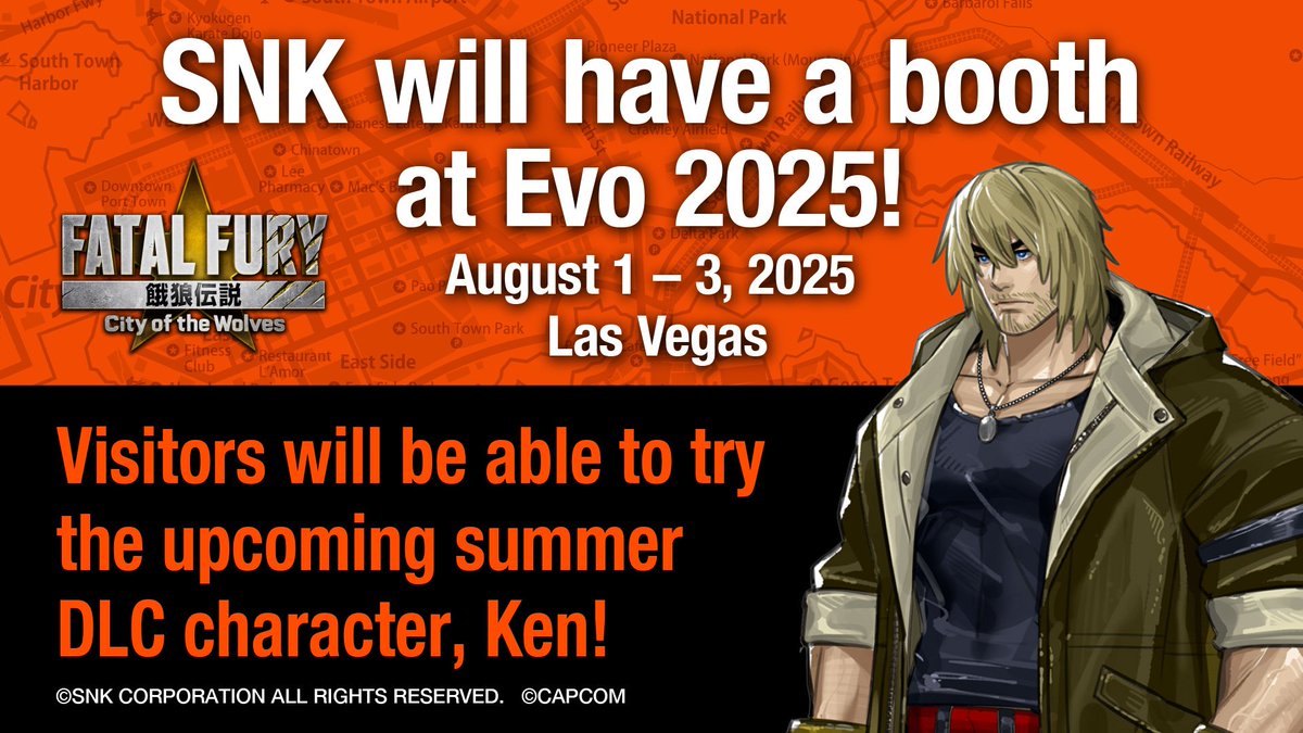 Le DLC Ken Masters de Fatal Fury: COTW sera jouable sur le stand SNK de l'EVO 2025.

Il faudra donc s'attendre à tout un tas de vidéos de gameplay partagées par les joueurs et influenceurs.

Pour rappel, Yasuyuki Oda avait annoncé une fréquence de deux mois entre chaque DLC, ce