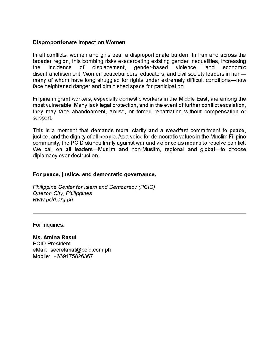 PCIDupdates's tweet photo. READ: Philippine Center for Islam and Democracy Statement on U.S. and Israel Bombing of Iran - June 22, 2025. https://t.co/vQcj1BBseQ