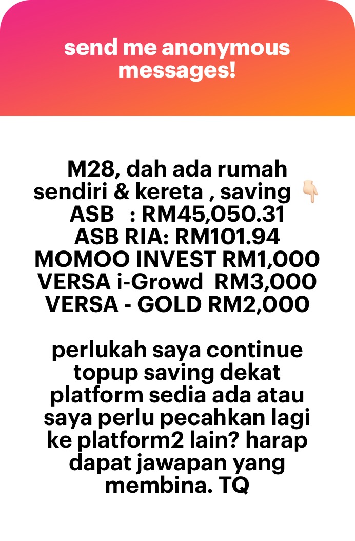 ammarFRS's tweet photo. Terus terang, I think you’re playing it way too safe ✊

Kalau ikut 100 Age Theory, cara anon invest sekarang tak sesuai dengan usia anon.

Formula dia simple:

100 - Umur = % sepatutnya dalam Growth Assets

Umur anon sekarang 28?

100 - 28 = 72% sepatutnya dalam growth assets. https://t.co/ZF0j659GOs