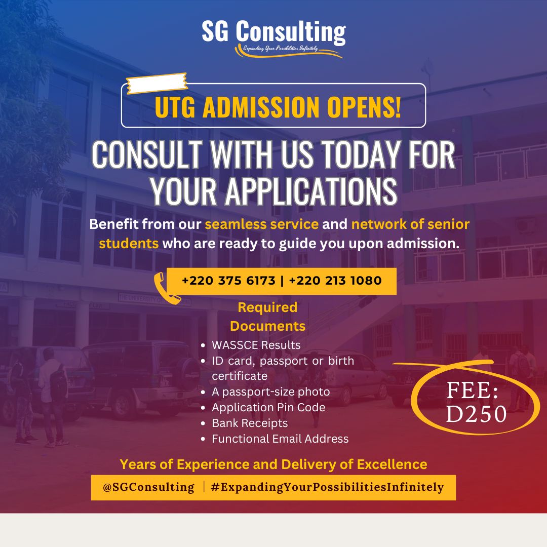 UTG ADMISSION OPENS

Are you ready to be the next cohort of university students at the UTG?

Our team of experts are available to offer you our seamless application service. Contact us now and join our pool of successful applicants. 

🔔 Fees: D250
📞 +220 3756173 / +220 2131080