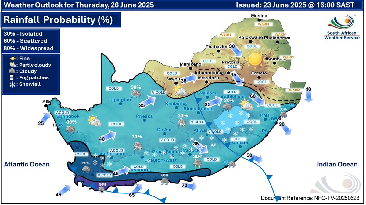 Weather outlook for Wednesday &amp; Thursday, 25 - 26 June 2025.
Partly cloudy conditions are expected over the central and western parts of the country, with scattered to widespread rain &amp; showers expected over the Western Cape. Otherwise, fine &amp; cold to cool but warm in the north.