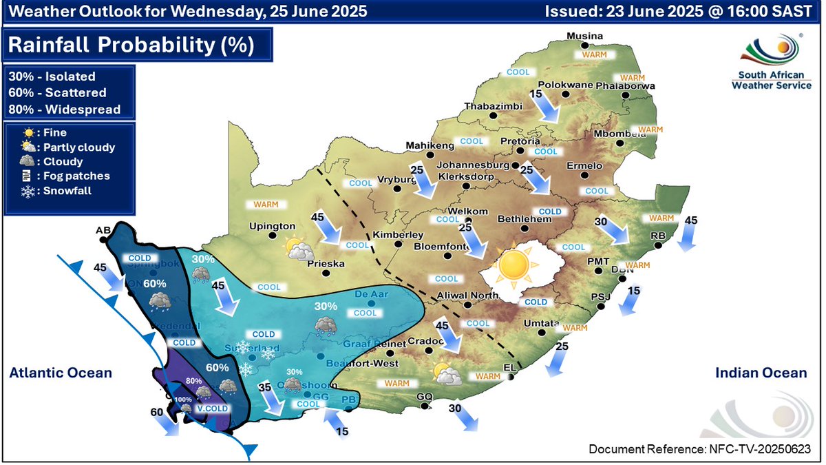 SAWeatherServic's tweet photo. Weather outlook for Wednesday &amp; Thursday, 25 - 26 June 2025.
Partly cloudy conditions are expected over the central and western parts of the country, with scattered to widespread rain &amp; showers expected over the Western Cape. Otherwise, fine &amp; cold to cool but warm in the north. https://t.co/WHmndr5joU