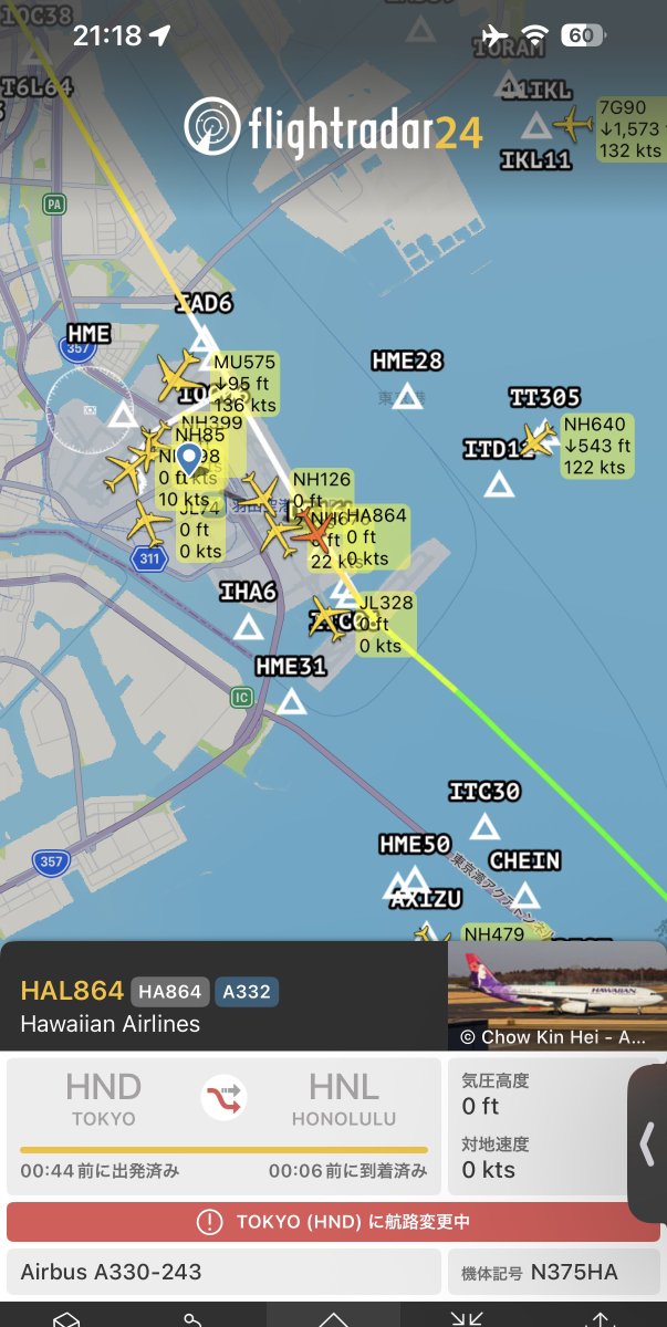 iso_pyon's tweet photo. こんな時間に飛行機の音
と思ったら、これだった
ホノルル行き離陸して、しばらく周回して羽田16Lに着陸したのね
今ライズカメラ見たらC滑走路終端で立ち往生
消防車のサイレンも聞こえる
#HAL864 #A330_200
#FR24 #HND #HawaiianAirlines https://t.co/JbaDTDuEdn