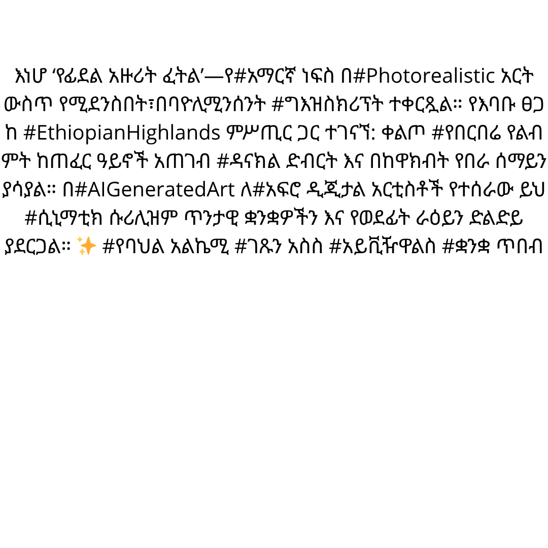 AfriKabakata's tweet photo. #afrikabakata #africa #cuture #afro #ai #digitalart #artist #surreal #language #aiart #surrealart #amharicbeing #photorealisticart #aigeneratedart #afrodigitalartists #ethiopianhighlands #geezscript #cinematicsurrealism #culturalheritage #explorepage #viraltrend https://t.co/EX56kx4xhb