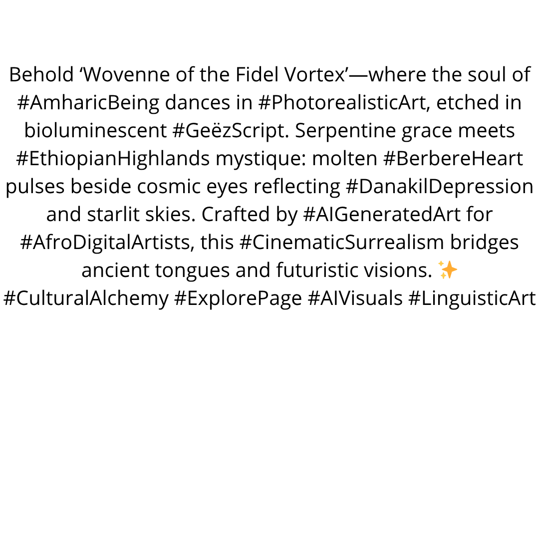 AfriKabakata's tweet photo. #afrikabakata #africa #cuture #afro #ai #digitalart #artist #surreal #language #aiart #surrealart #amharicbeing #photorealisticart #aigeneratedart #afrodigitalartists #ethiopianhighlands #geezscript #cinematicsurrealism #culturalheritage #explorepage #viraltrend https://t.co/EX56kx4xhb