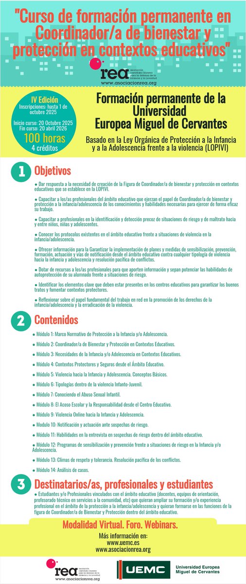 Asociación REA (@reaasociacion) on Twitter photo ¡¡IV EDICIÓN!! NO TE QUEDES SIN PLAZA!!
Inscripciones: hasta 1 octubre
Comienzo del curso: 20 de octubre de 2025.
Duración: 100 horas.
Más info:
asociacionrea.org
coordinacion@asociacionrea.org
¡Te esperamos!
#LOPIVI ¡¡IV EDICIÓN!! NO TE QUEDES SIN PLAZA!!
Inscripciones: hasta 1 octubre
Comienzo del curso: 20 de octubre de 2025.
Duración: 100 horas.
Más info:
asociacionrea.org
coordinacion@asociacionrea.org
¡Te esperamos!
#LOPIVI
