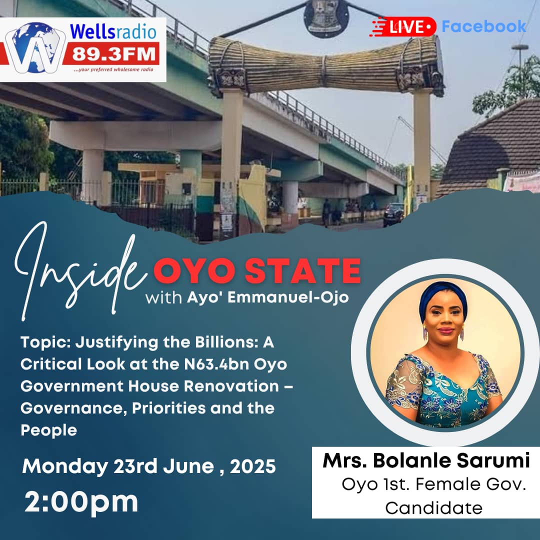 Join me live today by 2PM on Wells Radio 89.3FM where I'll be sharing my thoughts on the recently approved ₦63.4B by the Oyo State Executive Council for the renovation of the Government House.

While I'm not against renovation, I strongly believe such a massive sum could have