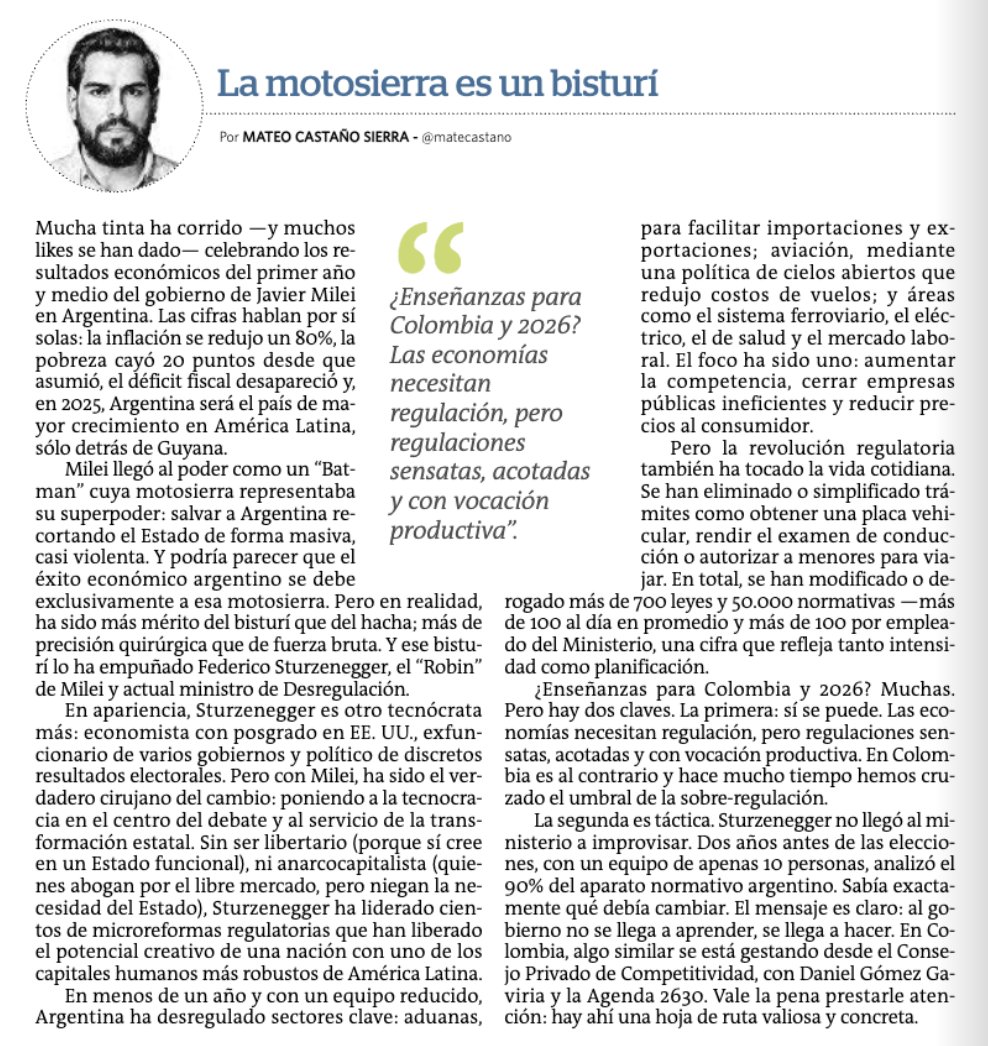 Mateo Castaño Sierra (@matecastano) on Twitter photo La economía argentina va como un tiro.
Y uno creería que se debe a la motosierra de Milei.
Pero realmente Milei ha recortado al estado argentino es a punta de bisturí.
¿Enseñanzas para Colombia? Todas!
Sobre eso escribo esta semana en <a href="/elcolombiano/">El Colombiano</a>. La economía argentina va como un tiro.
Y uno creería que se debe a la motosierra de Milei.
Pero realmente Milei ha recortado al estado argentino es a punta de bisturí.
¿Enseñanzas para Colombia? Todas!
Sobre eso escribo esta semana en <a href="/elcolombiano/">El Colombiano</a>.