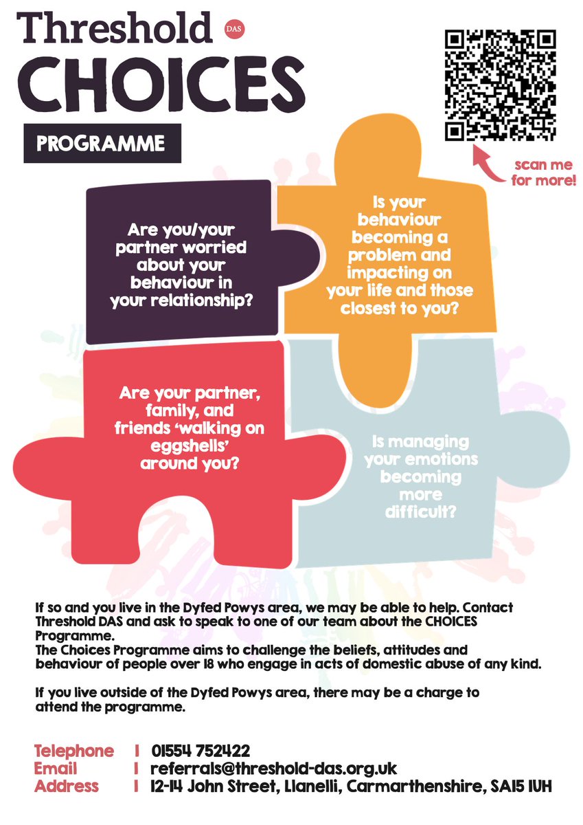 The Choices programme has been seen to bring a significant improvement in relationships that have been affected by domestic abuse.
If you're worried that your behaviour is damaging your relationship, then we're here to help.

threshold-das.org.uk/choices