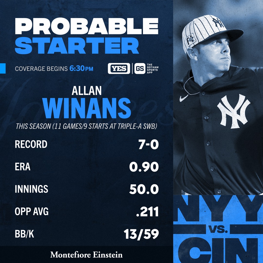 Having a great season at SWB, Allan Winans is expected to make his Yankees debut Monday in Cincinnati. <a href="/MontefioreNYC/">Montefiore Health System</a>