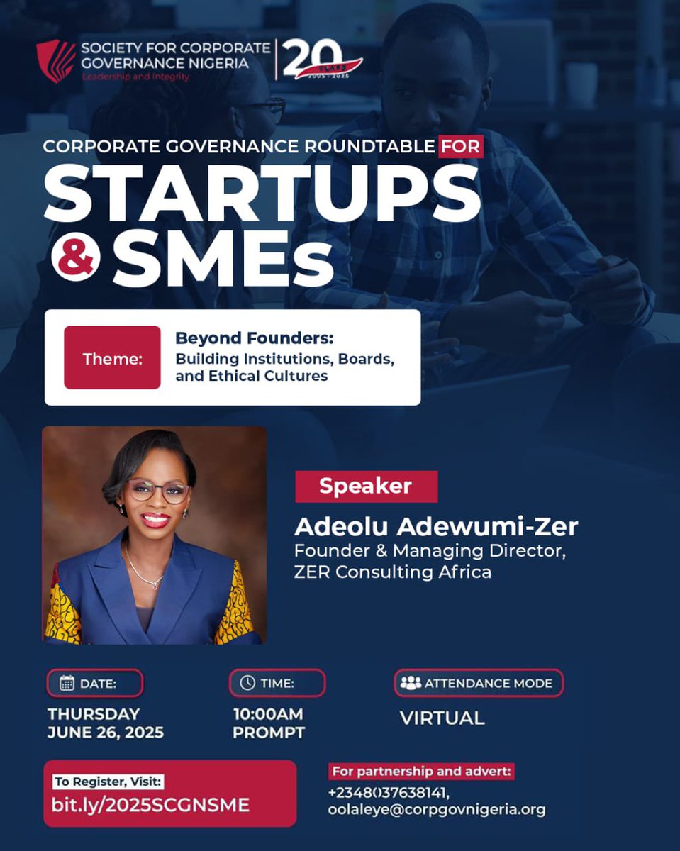 corpgovnigeria's tweet photo. At the heart of every sustainable business is good governance and at this year’s Corporate Governance Roundtable for Startups and SMEs, we’re convening leaders who are building just that.

themed “Beyond Founders: Building Institutions, Boards and Ethical https://t.co/mXElSV7tZK