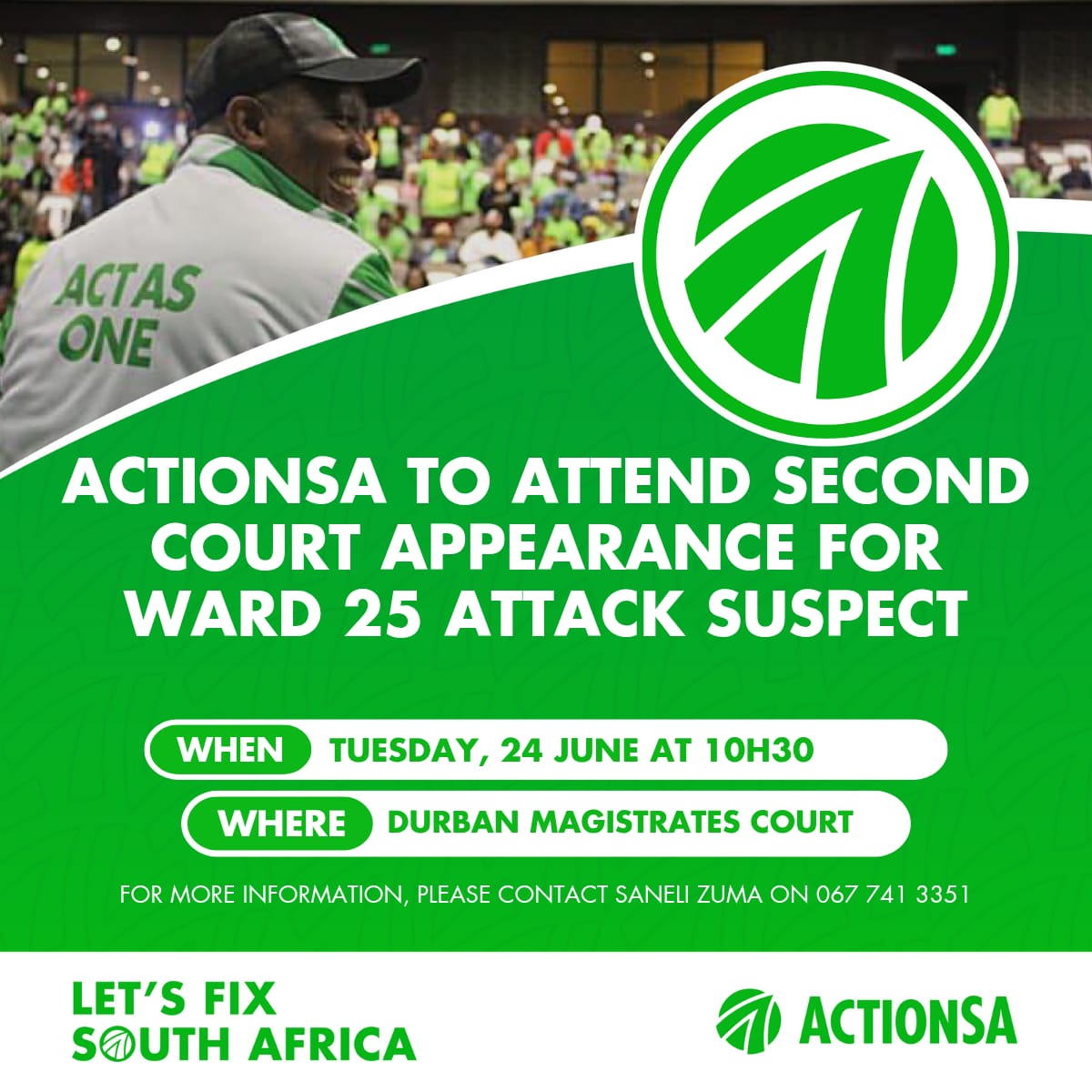 Join ActionSA actvists and other affected communities by high levels of crime in Kaw-Zule Natal tomorrow at the Durban Magistrate Court.