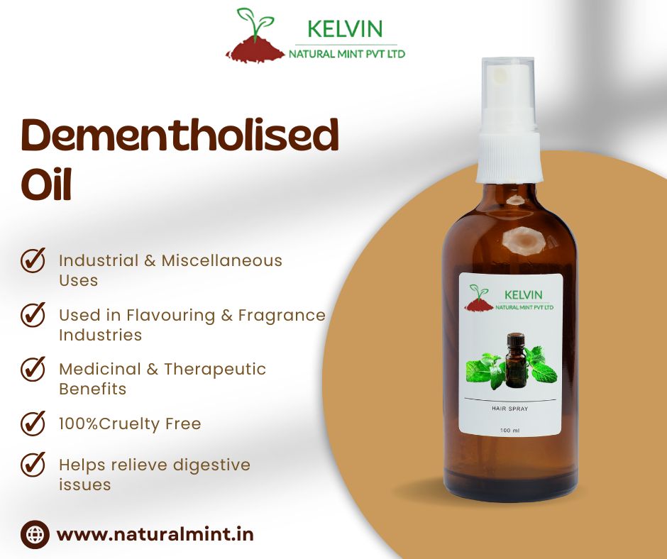 KelvinNatural's tweet image. Dementholised Oil (DMO) 🌿 is refined peppermint oil with lower menthol content, widely used in pharma, cosmetics, and flavoring industries. 🌱✨"

📲: +91-8899988887
🌐: naturalmint.in
📧: accounts@naturalmint.in

#DementholisedOil #PeppermintOil #NaturalExtract