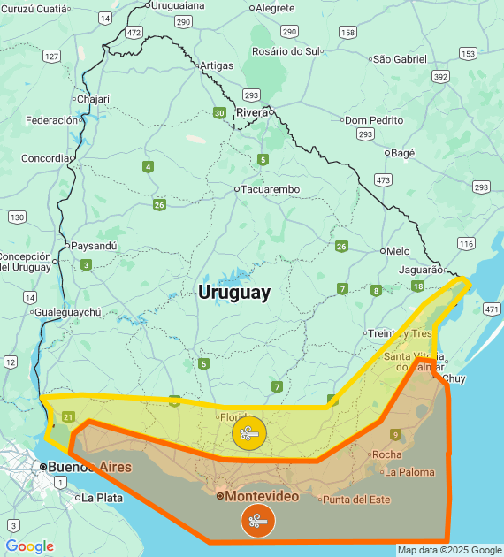 Advertencia meteorológica naranja por Vientos muy fuertes y persistentes
Advertencia meteorológica amarilla por Vientos fuertes y persistentes
Se actualizará a las 15:00 o ante cambios significativos

Más info: inumet.gub.uy