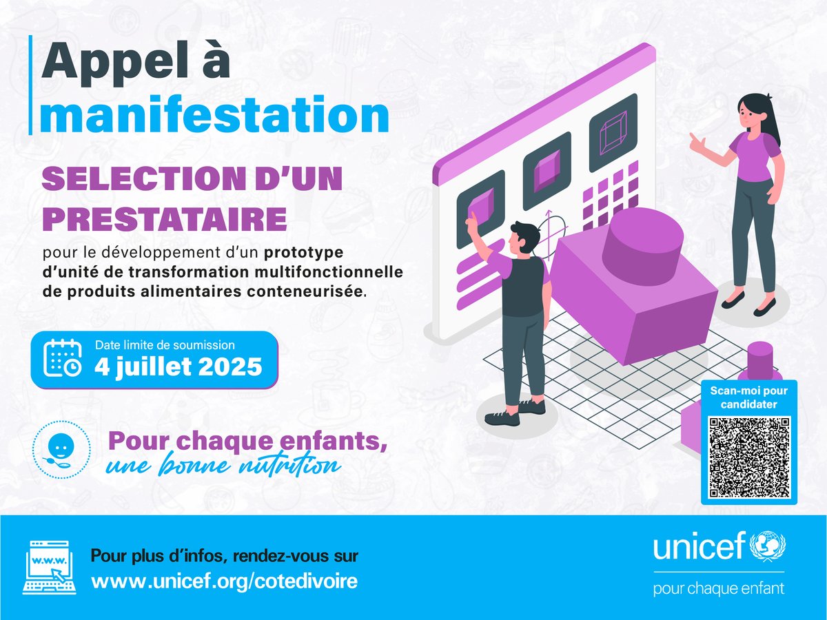 🔔 Appel à manifestation !
L'UNICEF recherche une entreprise championne pour les enfants dans le domaine agroalimentaire.
📅 Date limite de soumission : 4 juillet 2025
🌐 unicef.link/42ZPAI2
#PourChaqueEnfant